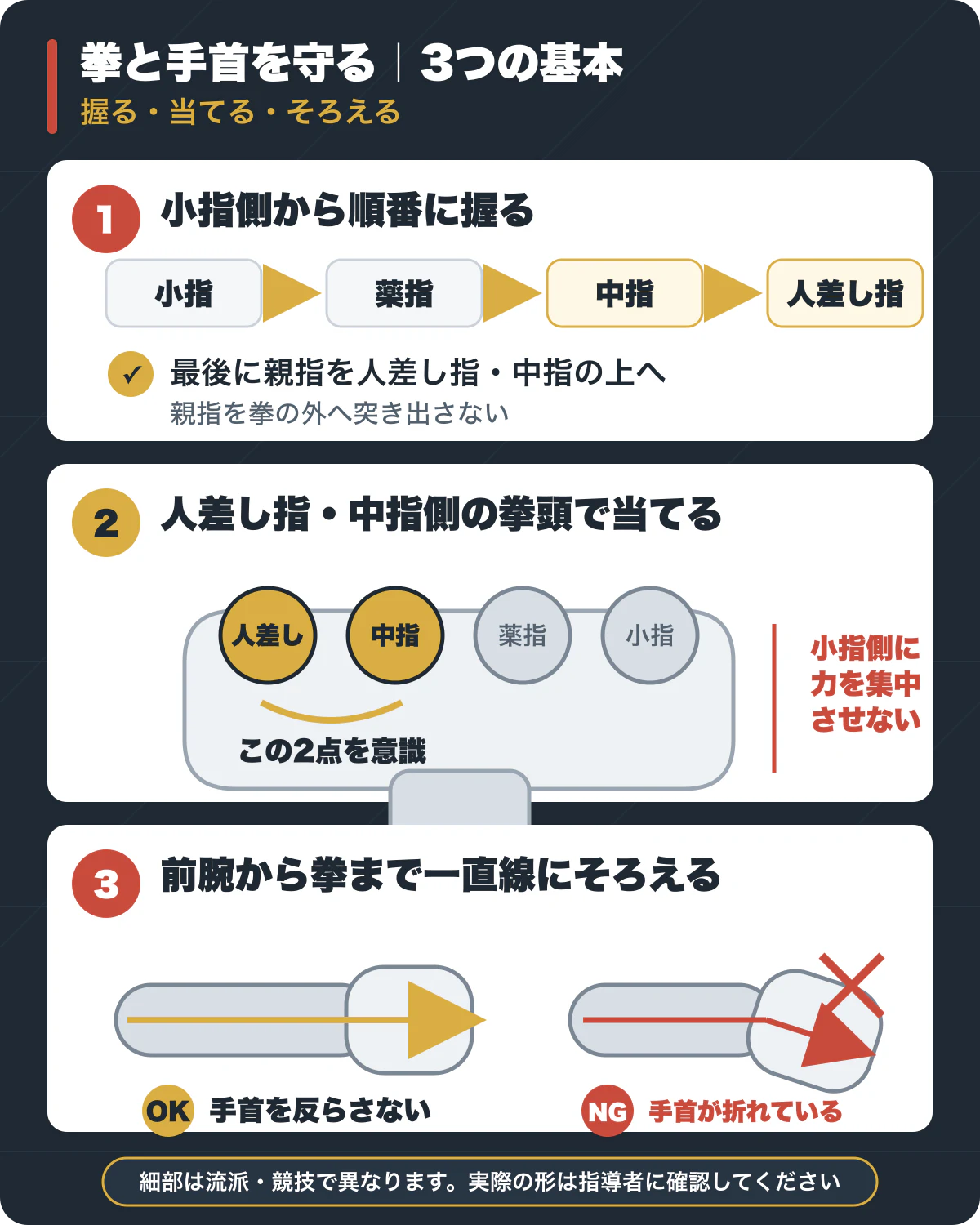 拳の握り順、人差し指・中指側の拳頭、前腕と拳を一直線にする位置を示す図解