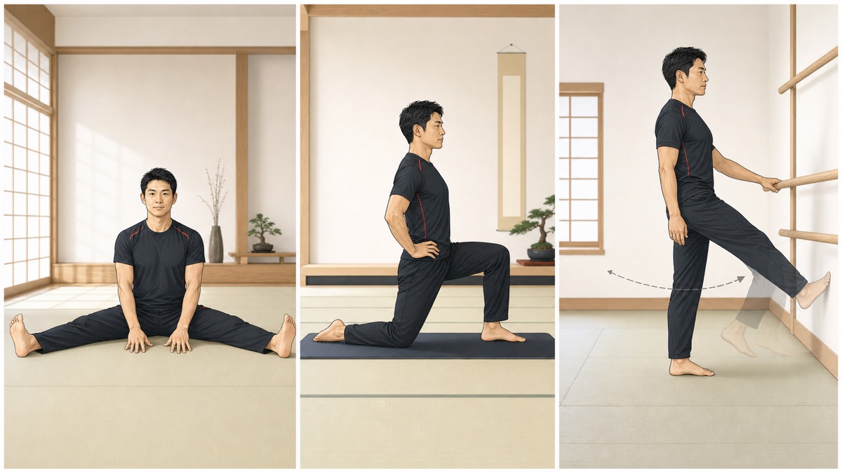 開脚、股関節ストレッチ、動的な脚振りを行う格闘技経験者の図解