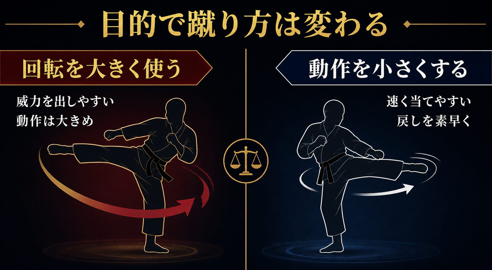 目的で蹴り方は変わる(回転を大きく使う/動作を小さくする)