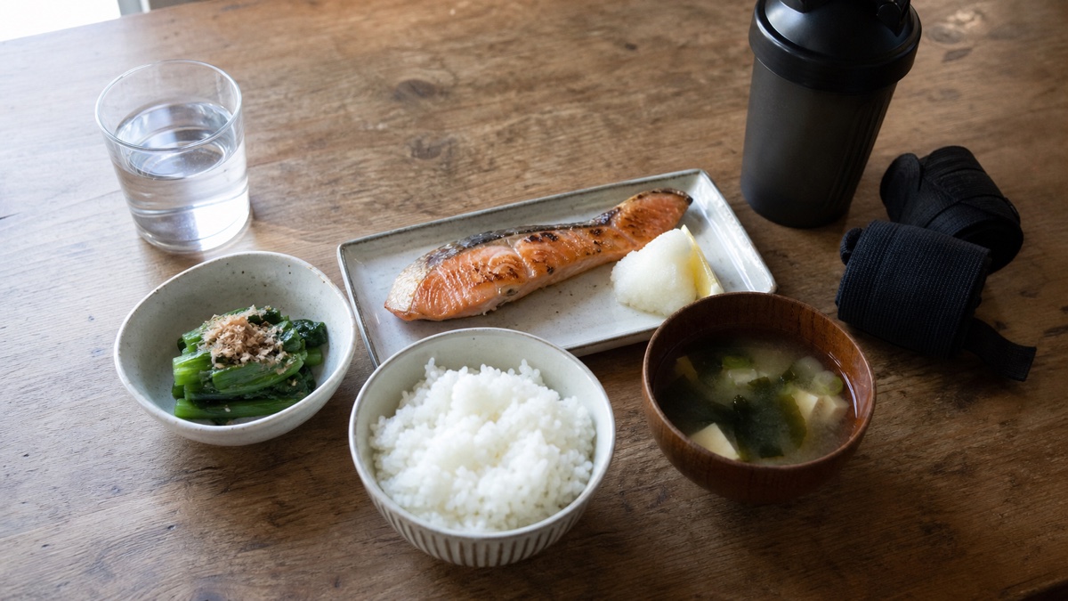 ご飯、焼き鮭、味噌汁、野菜を中心にした食事と補助用のプロテインシェイカー