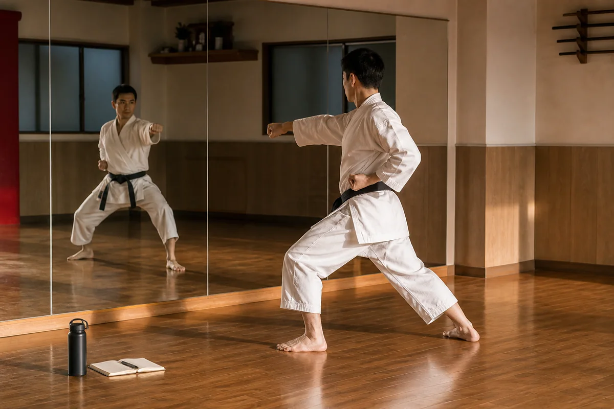 稽古後に鏡でフォームを確認しながら自主練する空手家