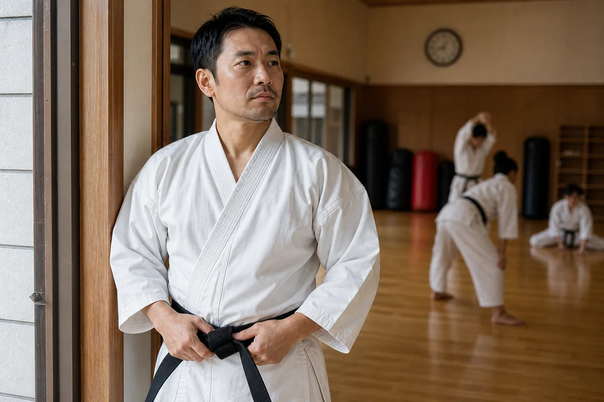 道場へ戻り帯を締める社会人の空手家