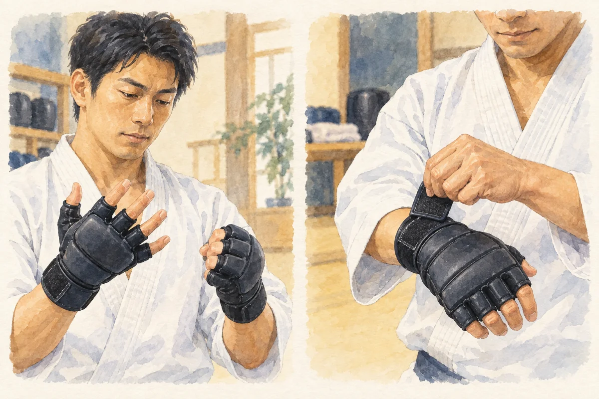 グローブのフィット感と手首の留め具を確認するイラスト