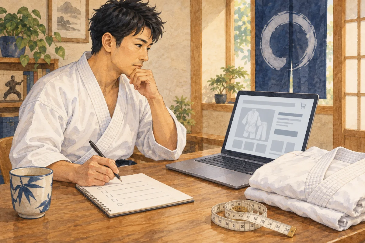 通販の商品情報と確認項目を見ながら購入を検討するイラスト
