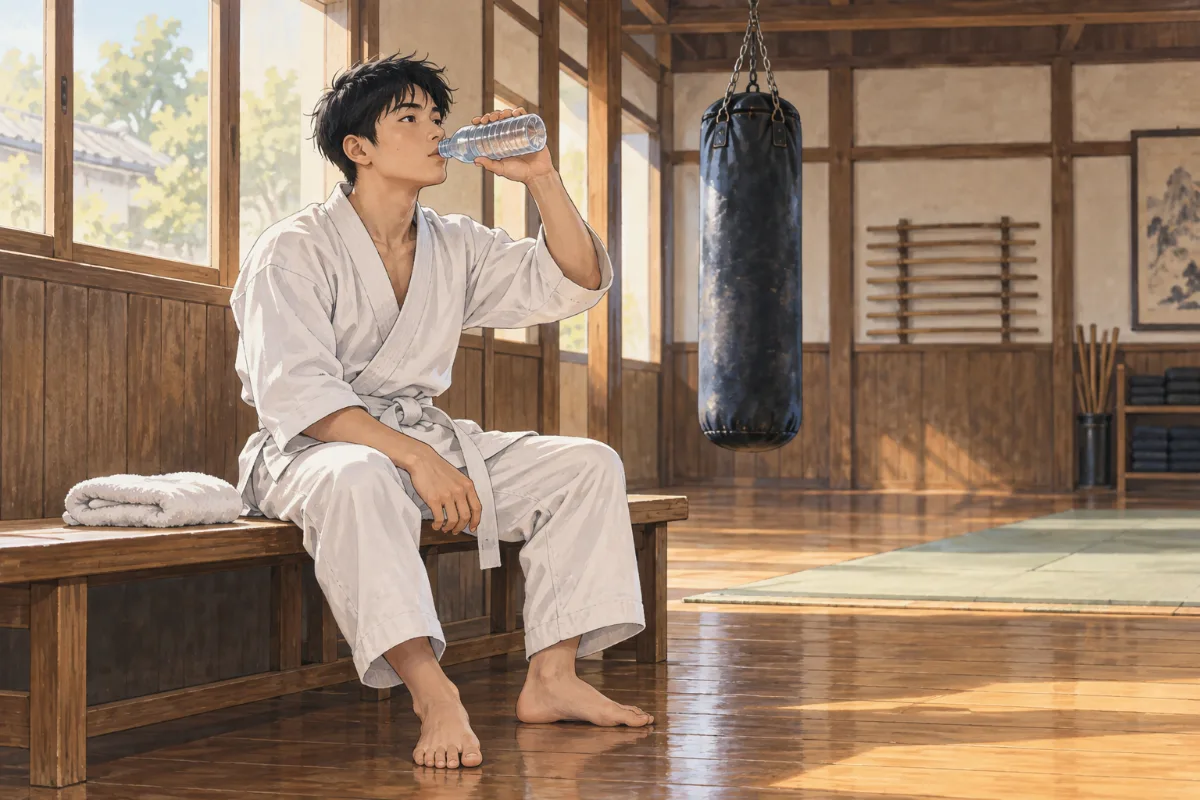 稽古の合間にベンチで水を飲んで休む白帯の練習生のイメージイラスト