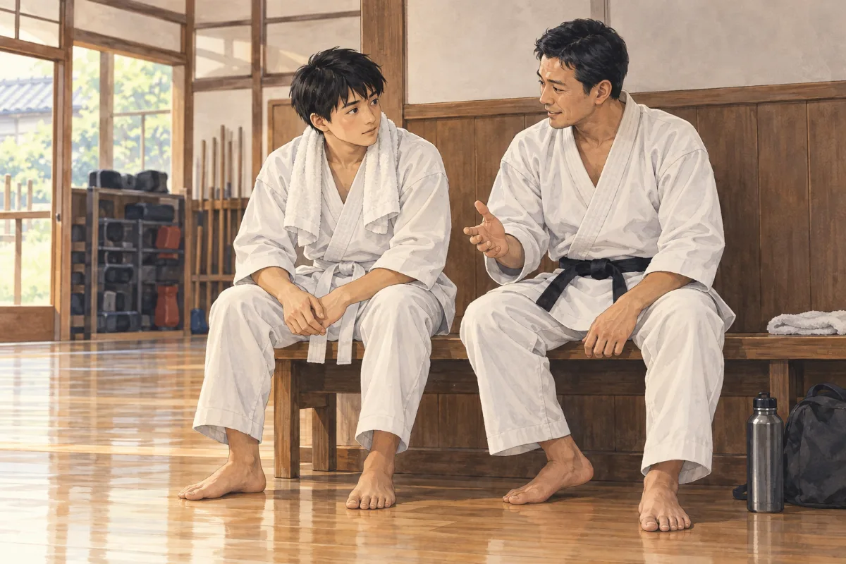 稽古のあと、黒帯の先輩と並んで座って話す白帯の練習生のイメージイラスト