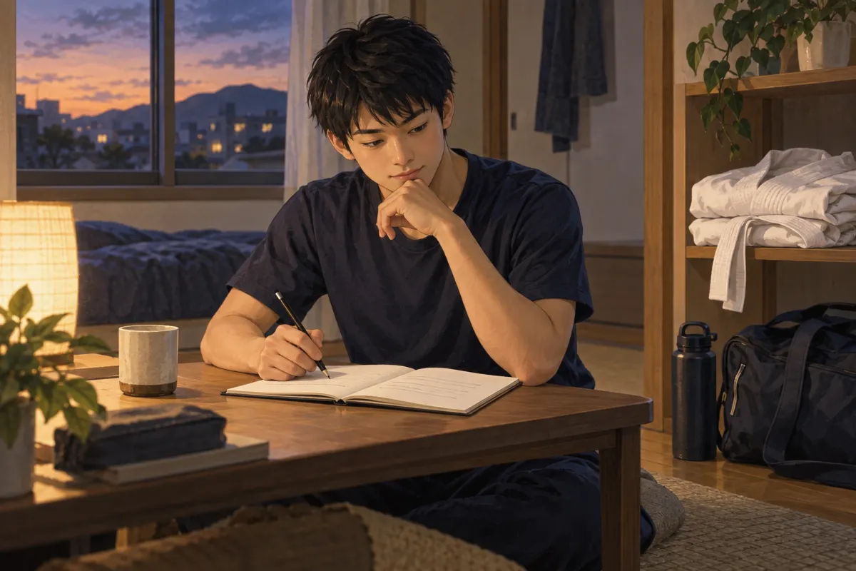 机に向かい、ノートに書き込みながら考える人物のイメージイラスト