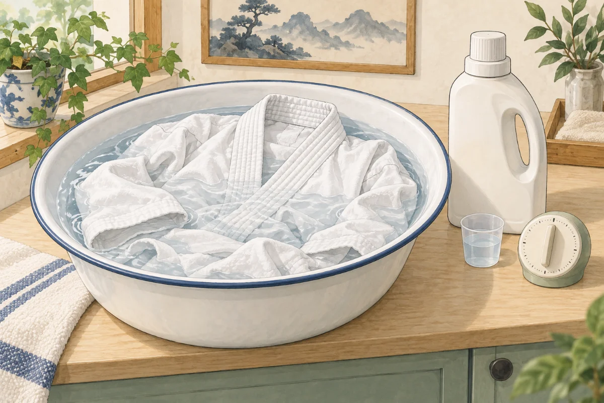 たらいに洗剤を溶かして道着をつけおきしているイメージイラスト
