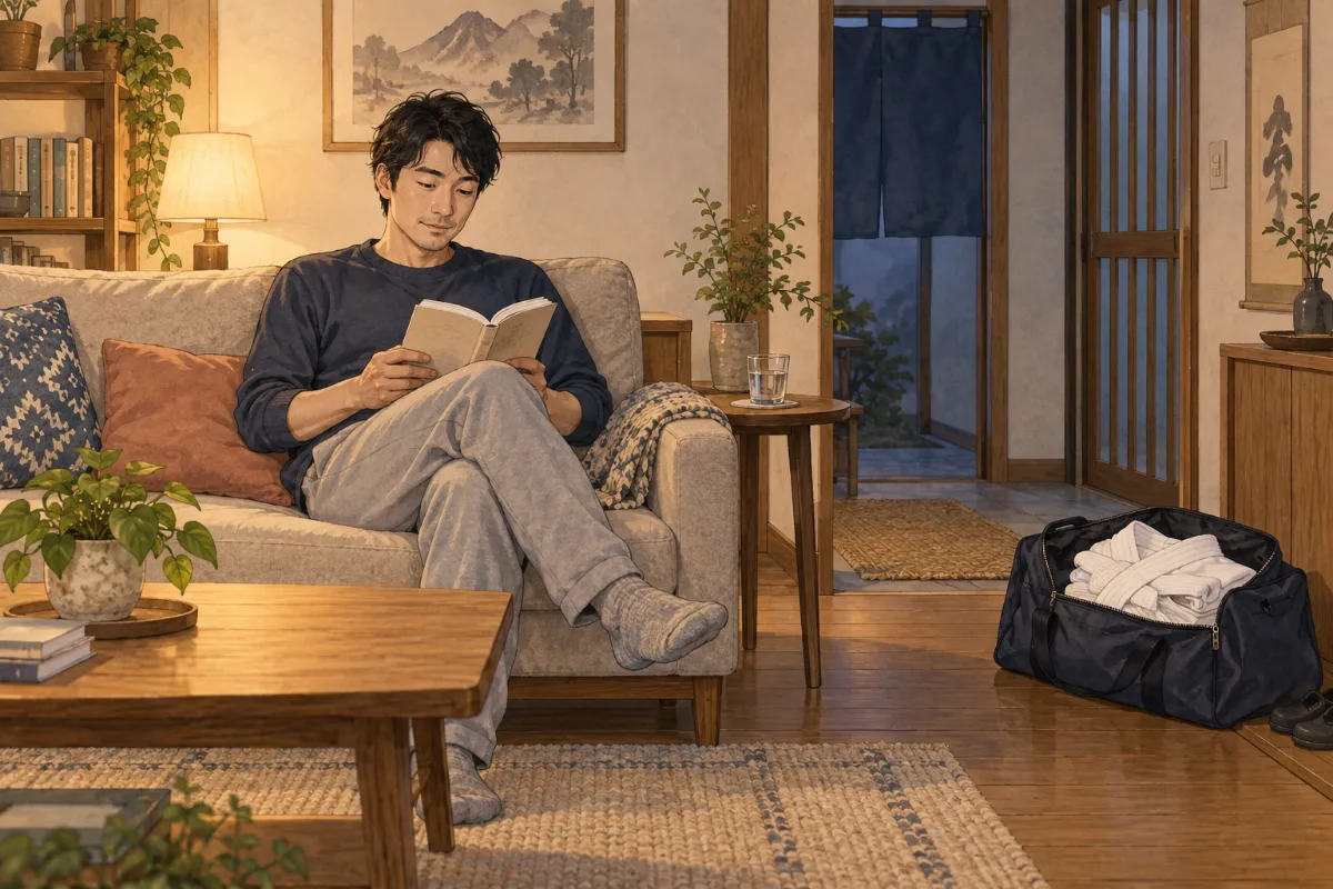 自宅のソファで本を読みながら休む人のイメージイラスト
