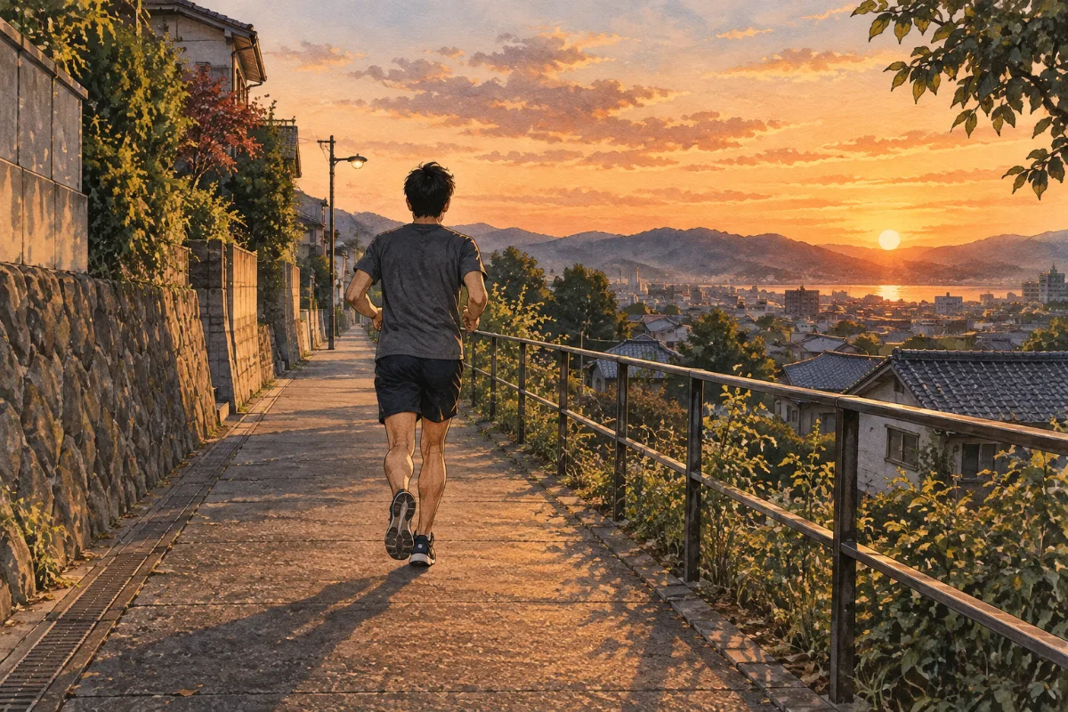 夕方の坂道をランニングする人の後ろ姿のイメージイラスト