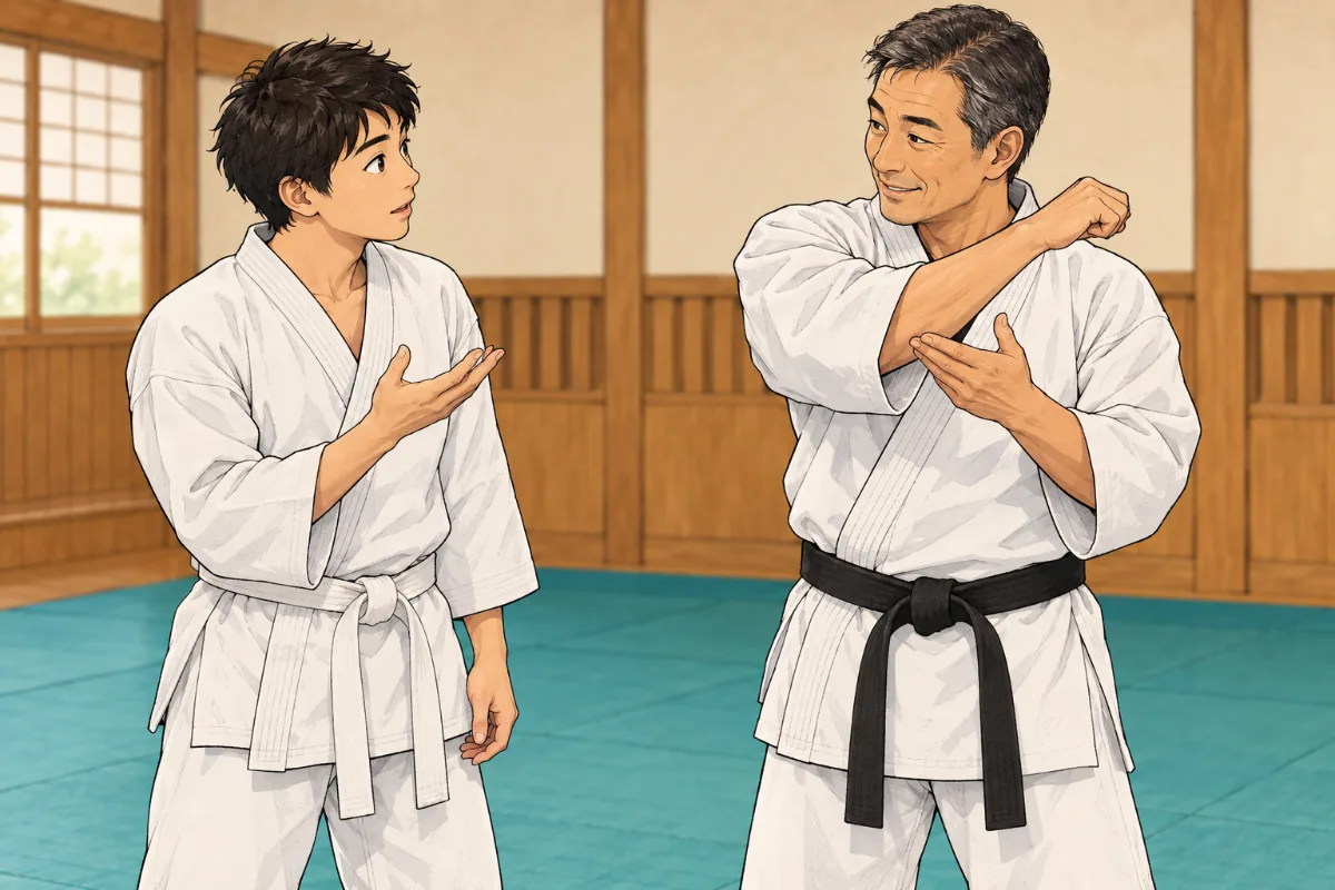 黒帯の先輩に型の動きを教わる白帯の練習生のイメージイラスト