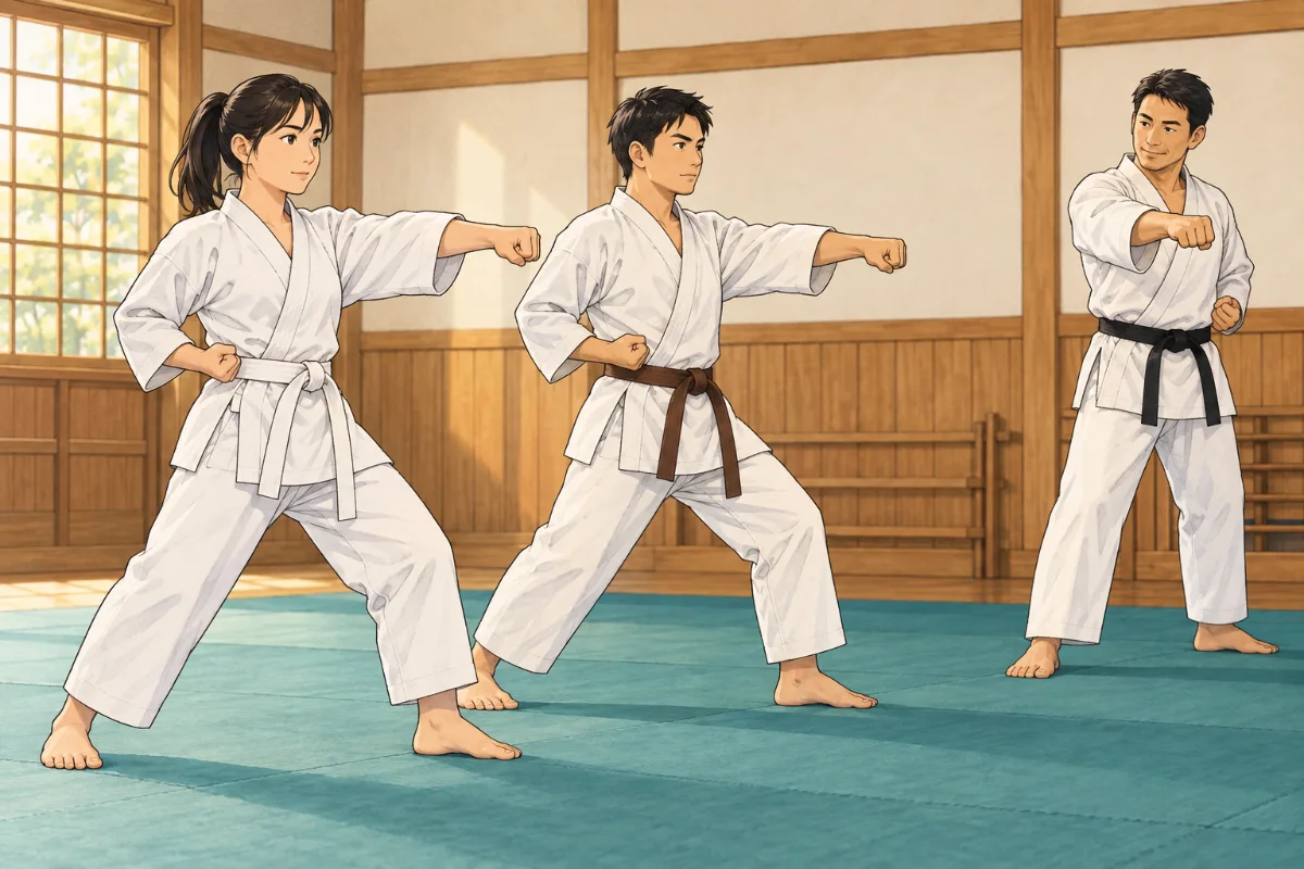 道場で並んで型の稽古をする練習生のイメージイラスト