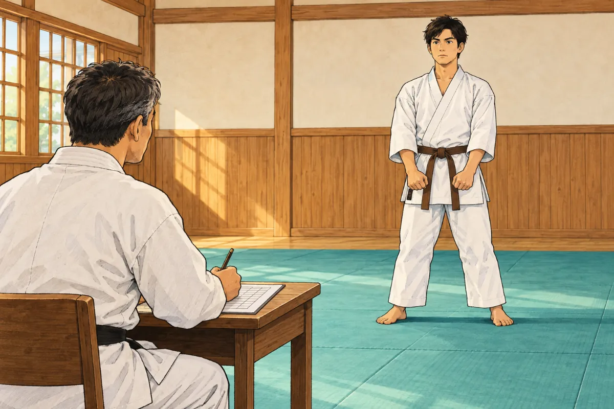 審査員の前で型を始める練習生のイメージイラスト