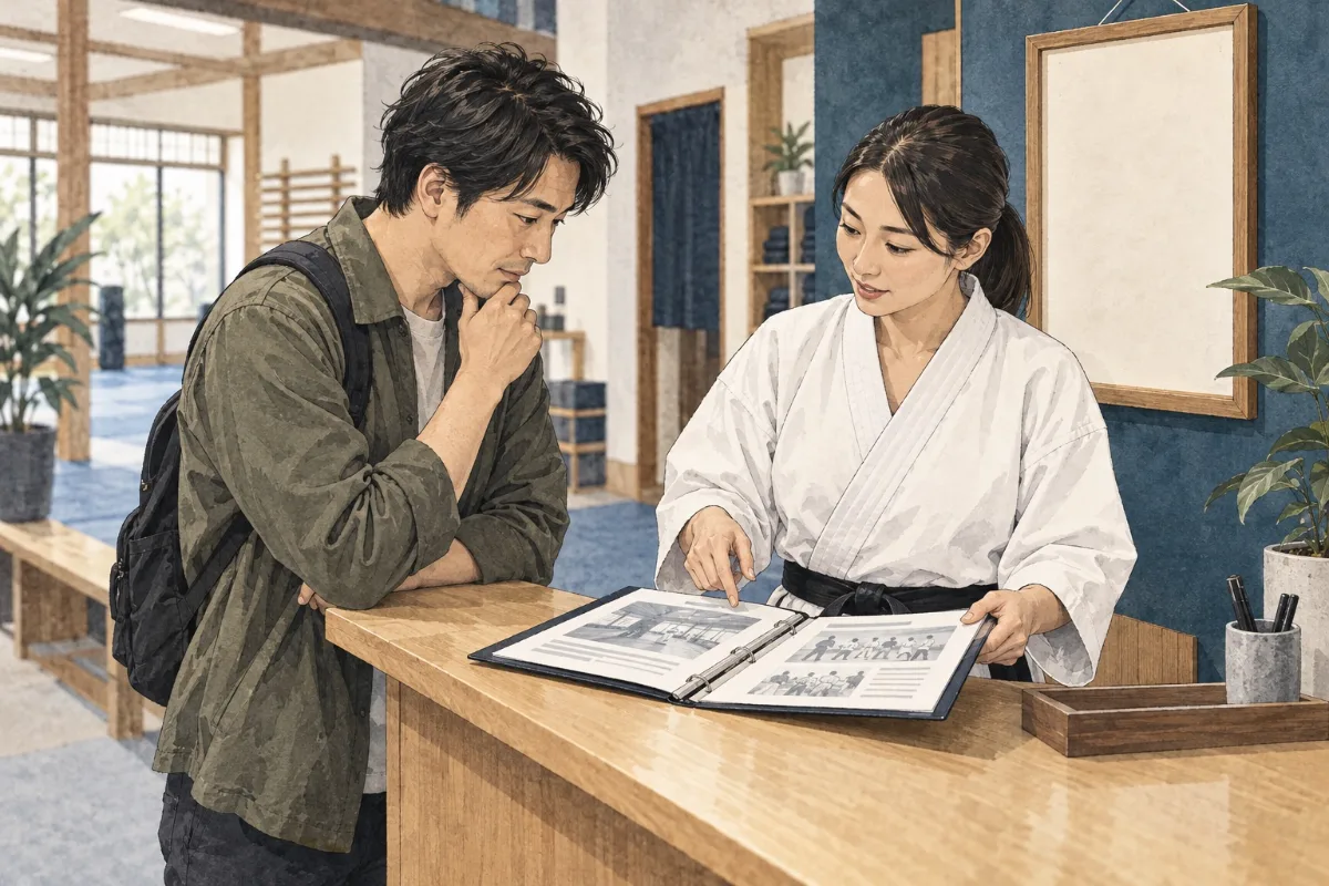 道場の受付で、資料を見ながら所属団体を確認する見学者のイメージイラスト