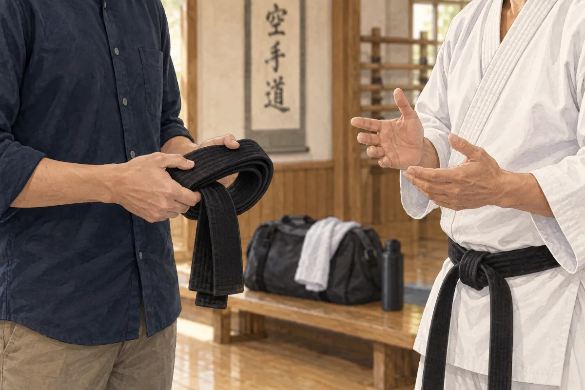 黒帯を手に、移籍後の帯の扱いを指導者と話す場面のイメージイラスト