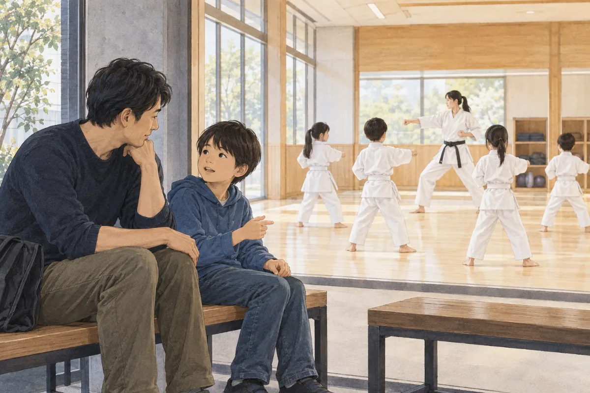 道場の見学スペースで、稽古を見ながら話す親子のイメージイラスト